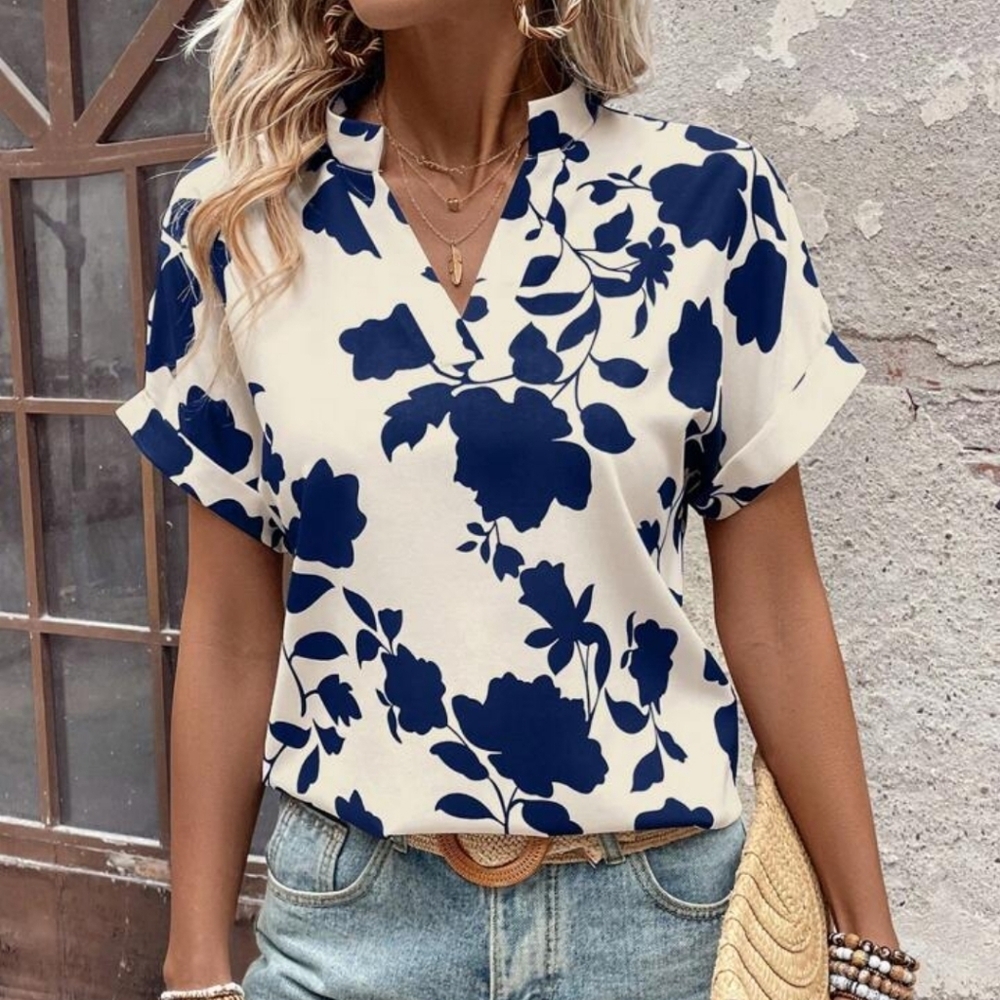 Women Summer Vacation Solid Color Big Floral Notched V-Neck Batwing Short-Sleeve - Picture 4 of 4
